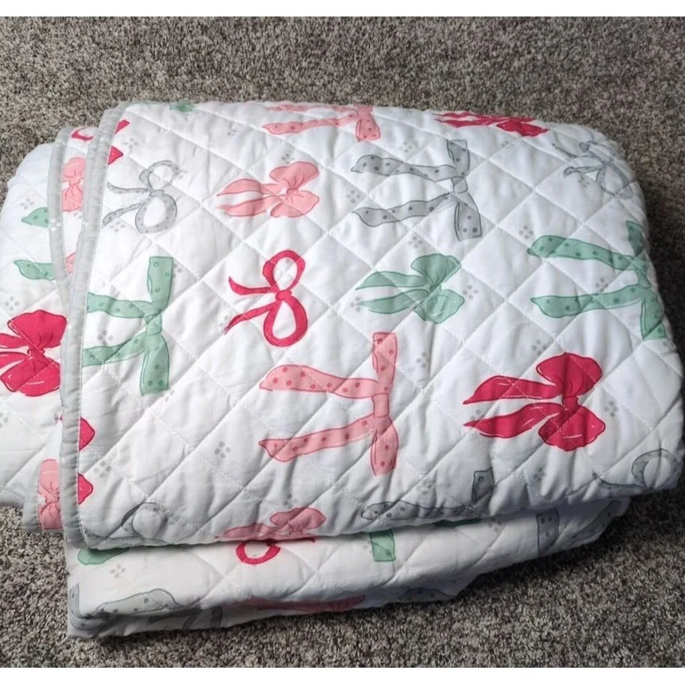 Martha Stewart KING Size Quilt Bows Pink Green Gray Comforter